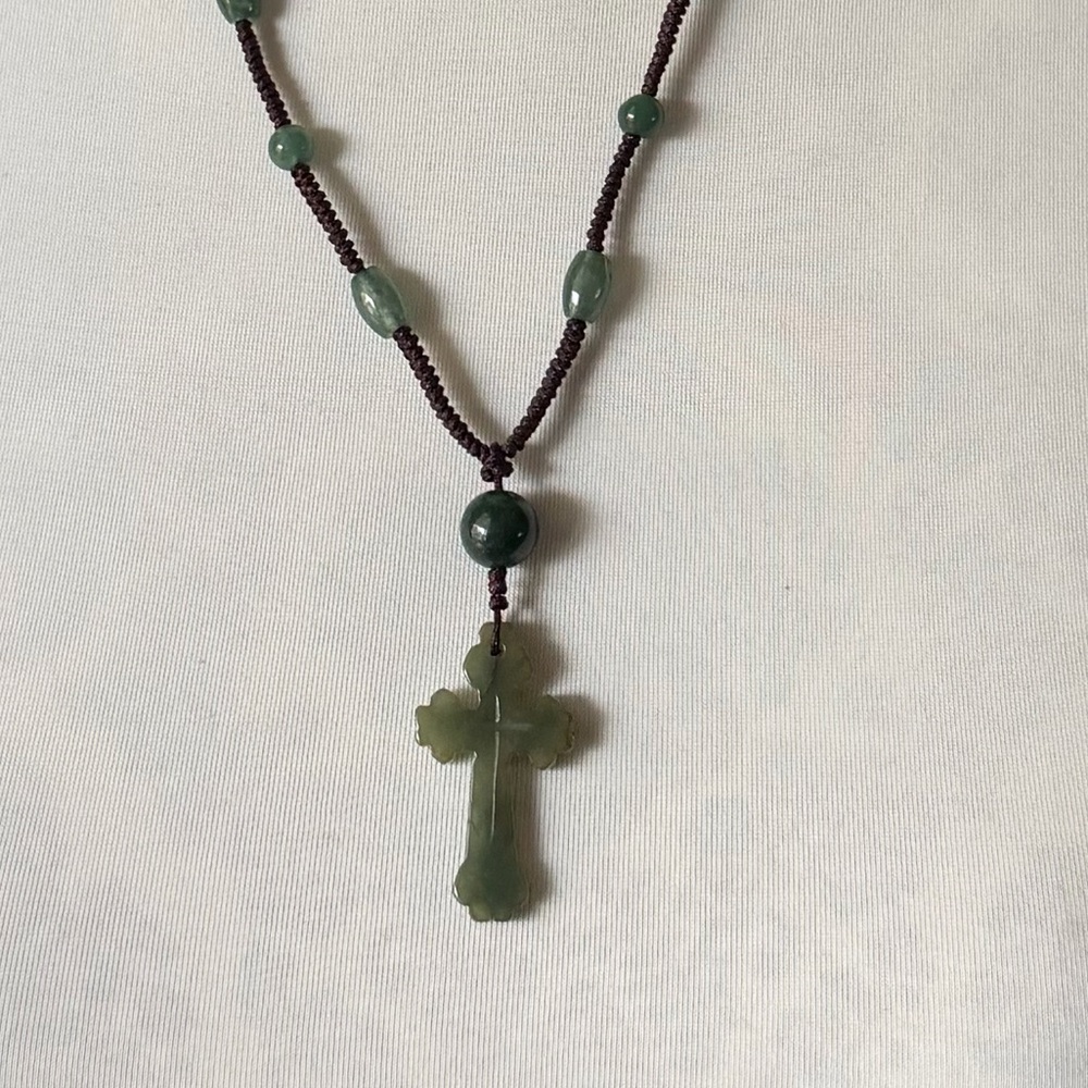 Green Jade Cross Necklace | Hand Carved Pendant | Artisan Religious Jewelry